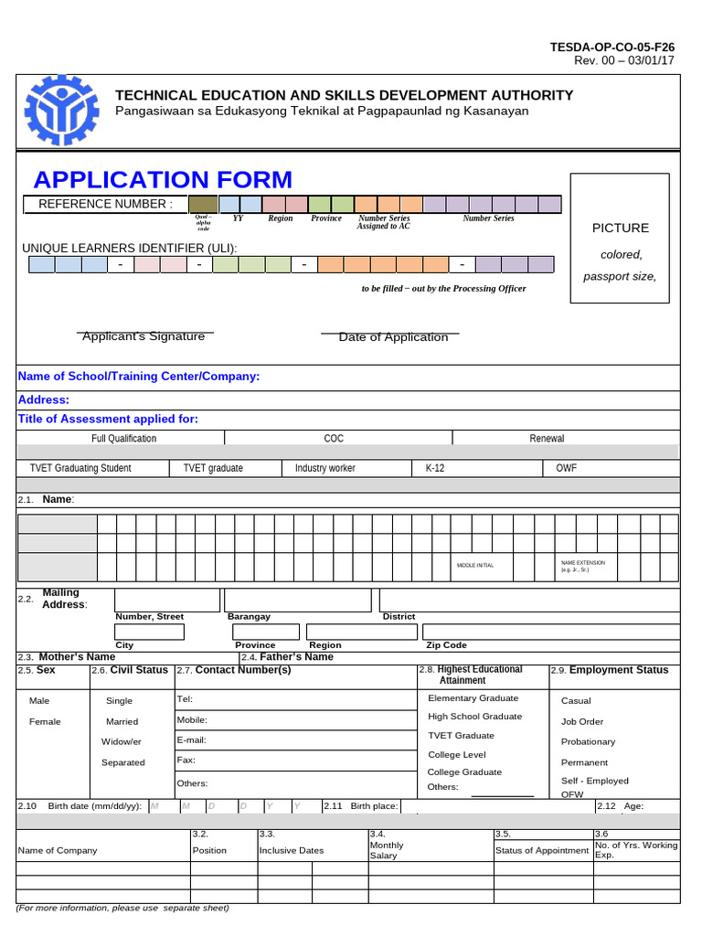 TESDA Assessment Application Form | PDF