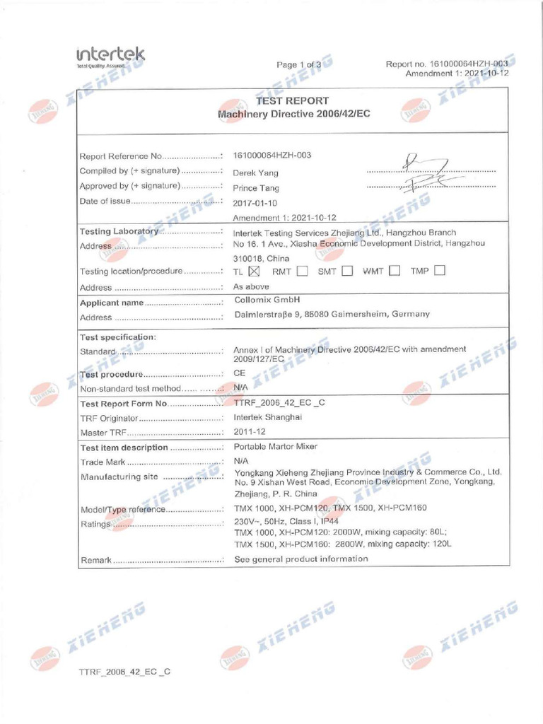 2 2006 42 Ec Machinery Directive Test Report | PDF