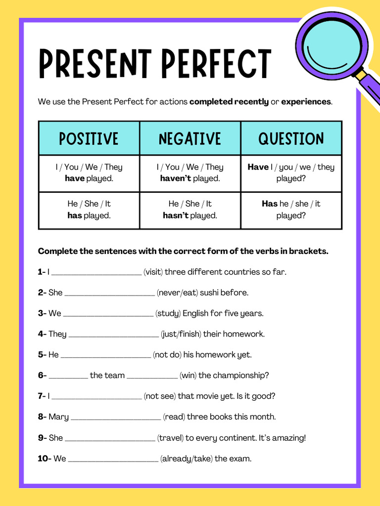 Present Perfect Worksheet in Yellow Purple Retro Style - 20250917 ...