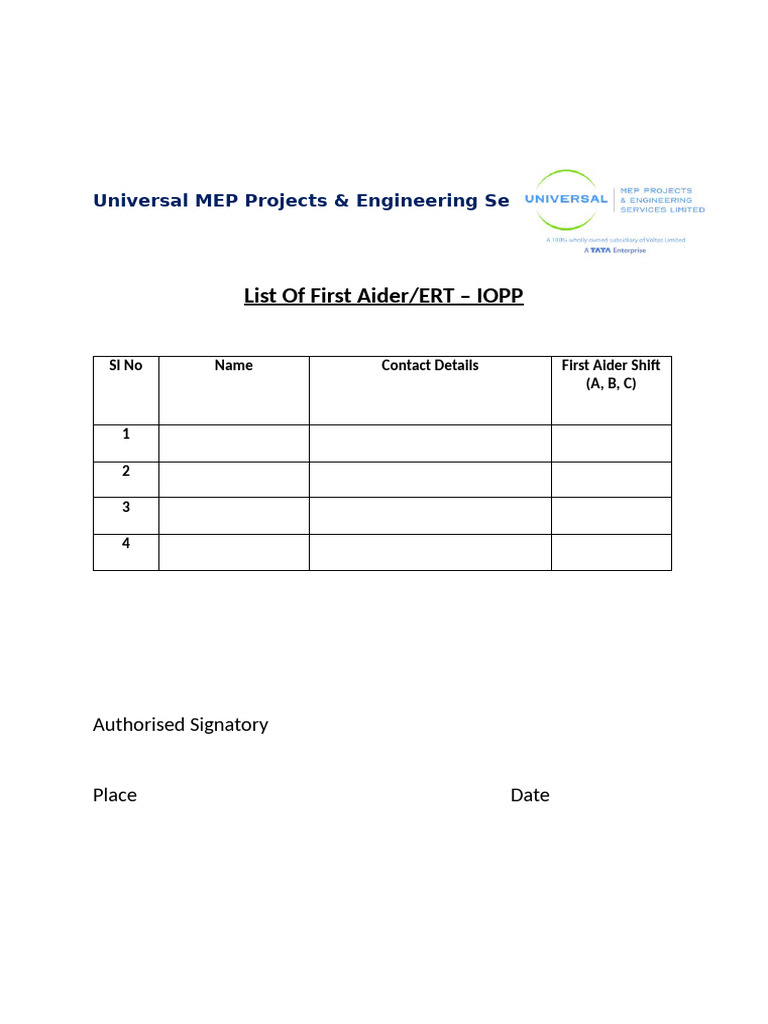 First Aider List for MEP Projects | PDF