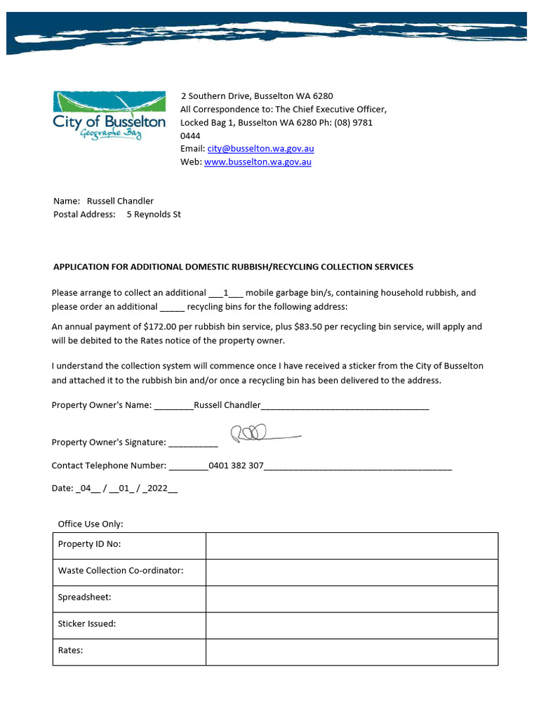 Additional Domestic Bin Application Form 2020 21 Signed | PDF