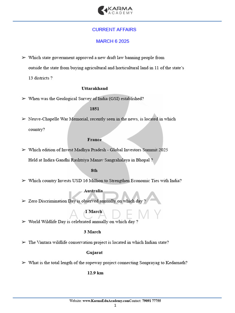 March 2025 Current Affairs Summary | PDF