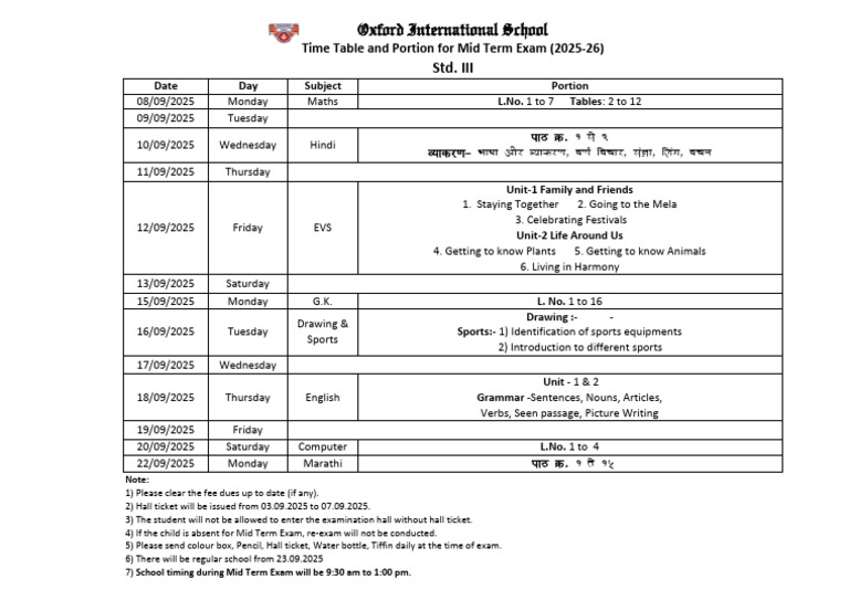 Std. III Mid Term Exam Timetable 2025 | PDF | Language Families | Grammar