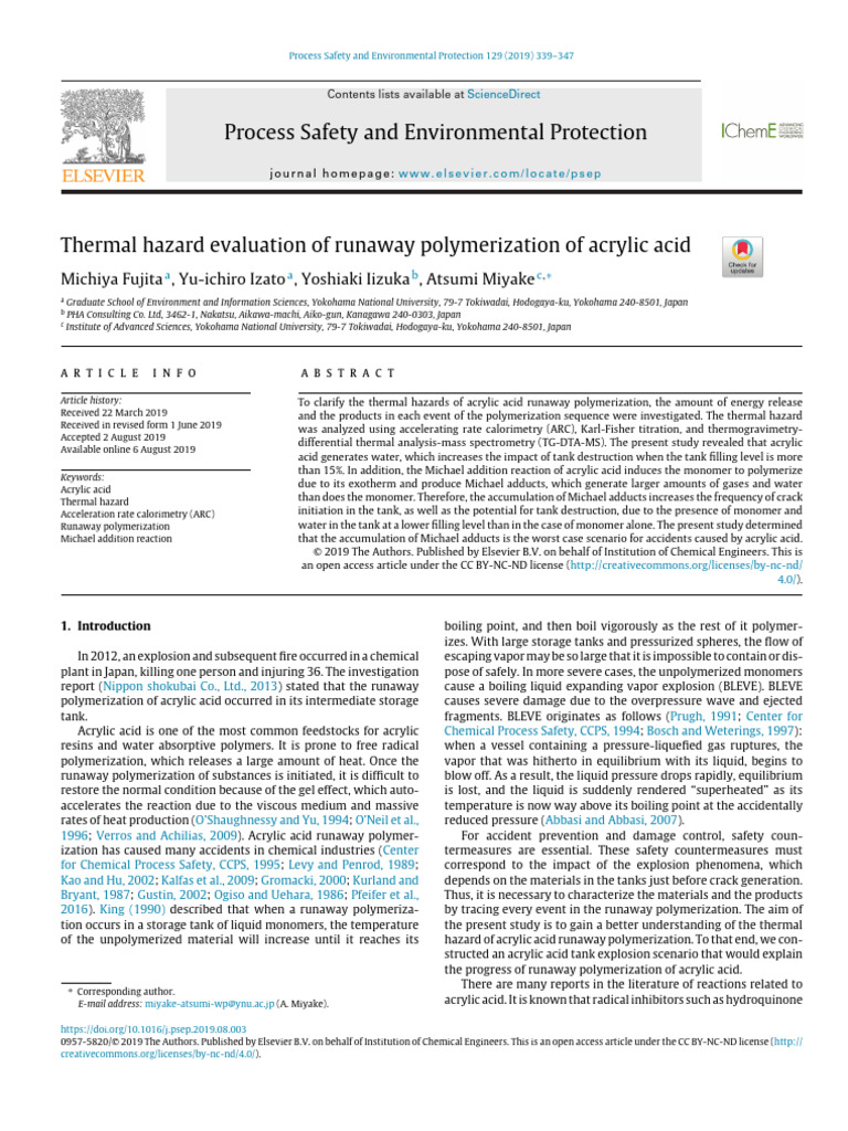 Thermal Hazards of Acrylic Acid Runaway | PDF | Polymerization | Poly ...