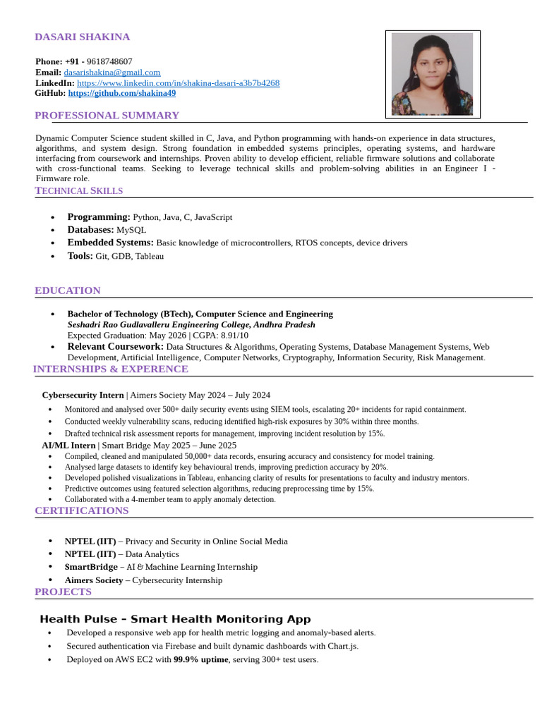 Computer Science Student Resume | PDF | Computer Security | Security