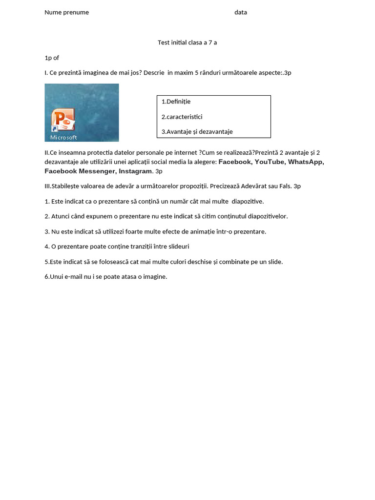 Test Inițial Clasa A 7 Calinescu | PDF