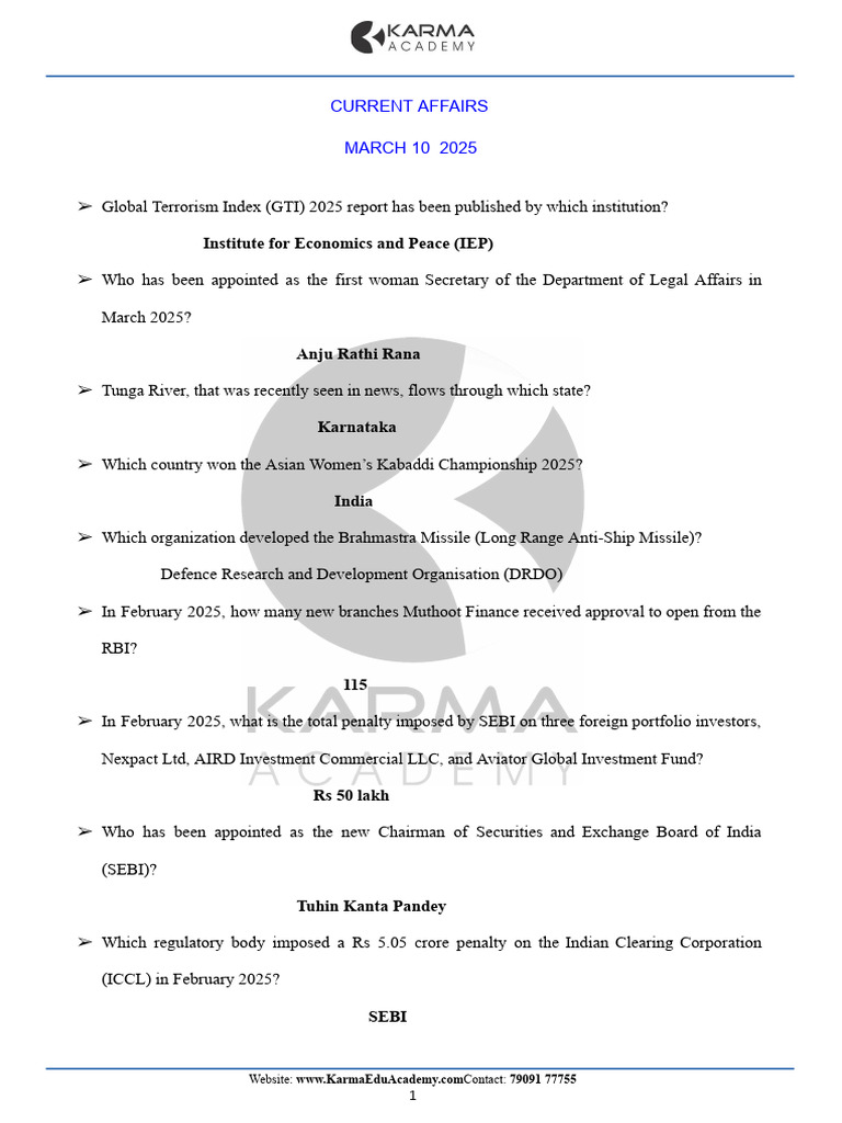 March 2025 Current Affairs Summary | PDF | Government Of India ...