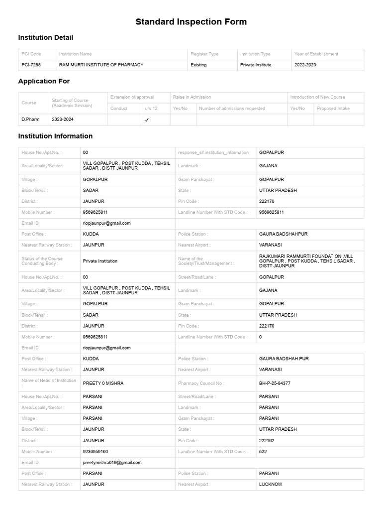 RAM Murti Institute of Pharmacy Inspection Form | PDF | Pharmaceutical ...