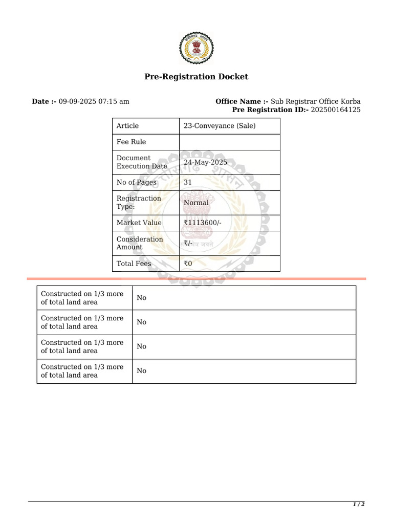 Pre-Registration Docket for Korba Property | PDF | Rupee