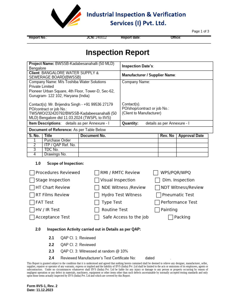 BWSSB Kadabesanahalli Inspection Report | PDF | Legal Liability ...