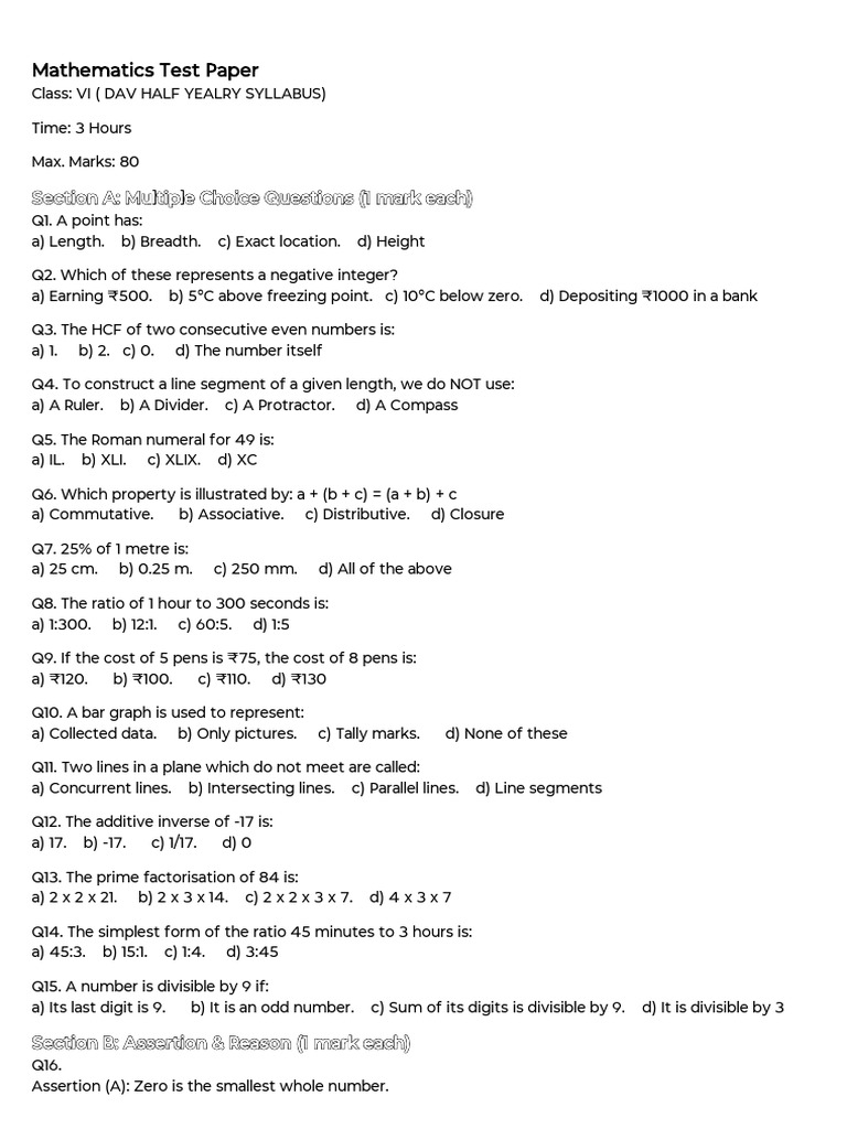 Class VI Mathematics Test Paper | PDF | Mathematics | Elementary ...