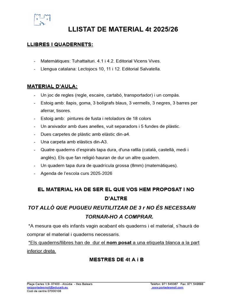 Llistat Material 4t 25 - 26 | PDF