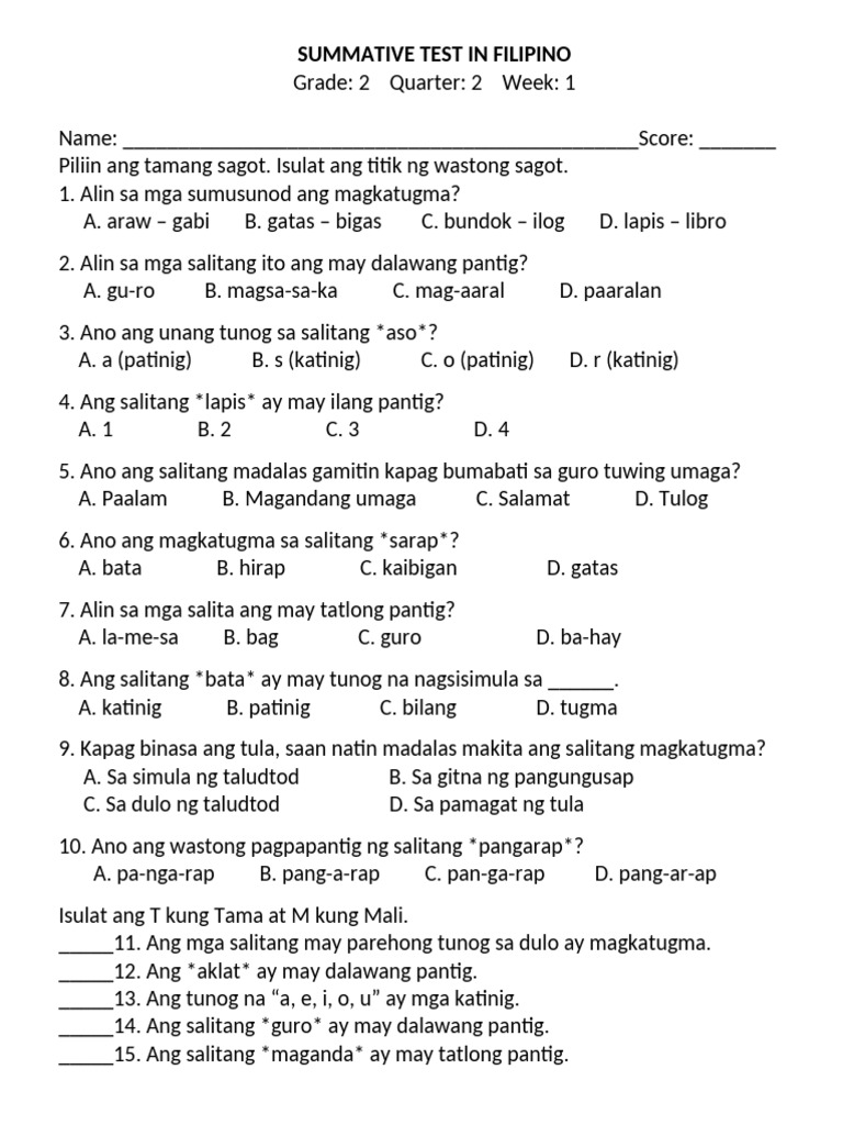 Summative Test in Filipino 2 q2w1 | PDF