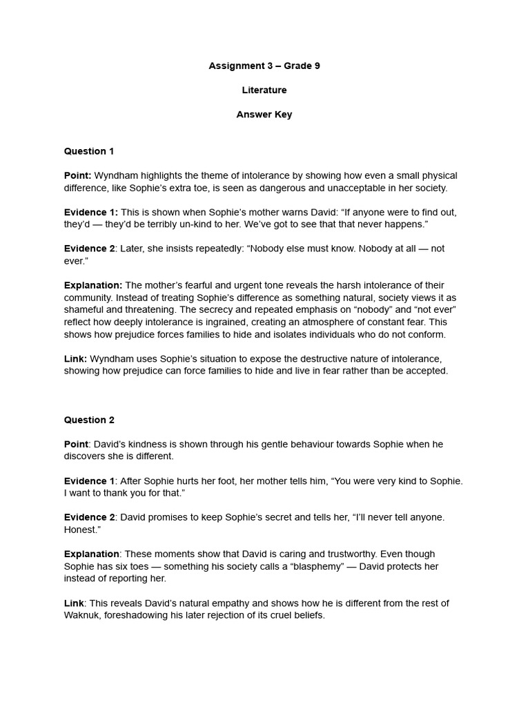 Assignment 3 - Grade 9 Literature Answer Key | PDF