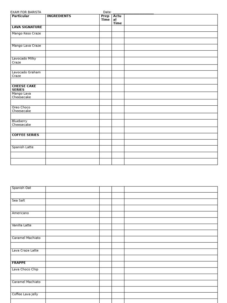 Barista Exam: Beverage Preparation Guide | PDF
