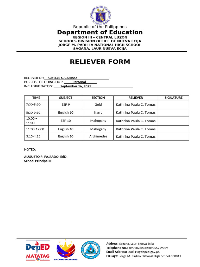 Reliever Form for Jorge M. Padilla High School | PDF
