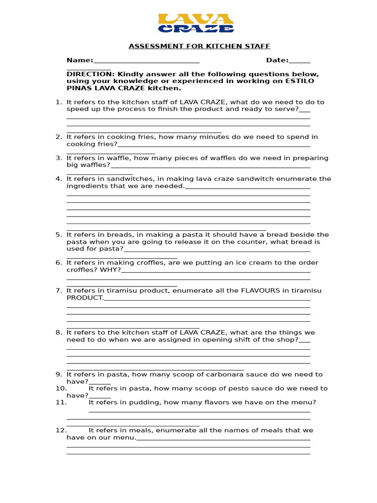Lava Craze Kitchen Staff Assessment | PDF