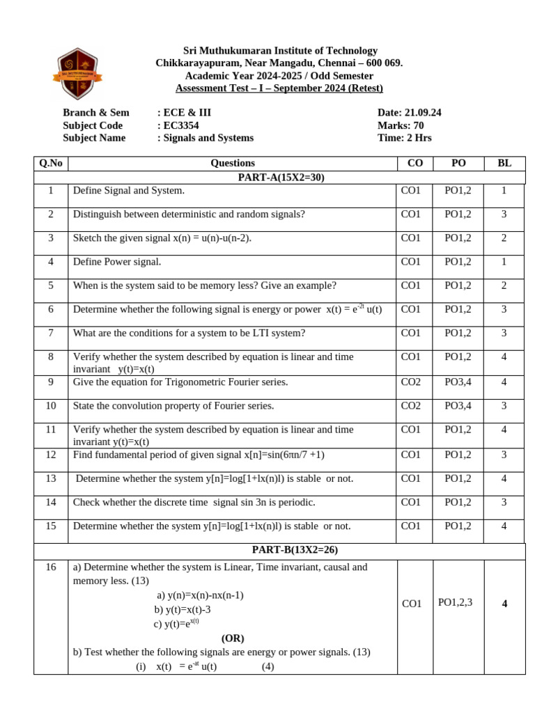 EC3354 Signals and Systems Test 2024 | PDF | Mathematical Physics ...
