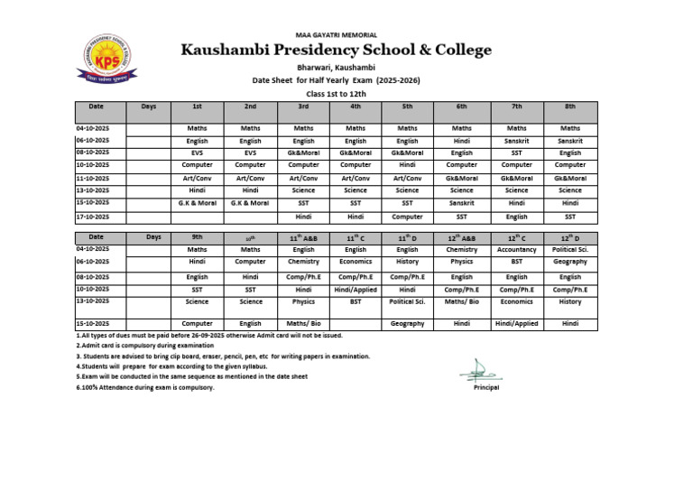 Half Yearly Datesheet of Class 1st To 12th 2024-25 | PDF