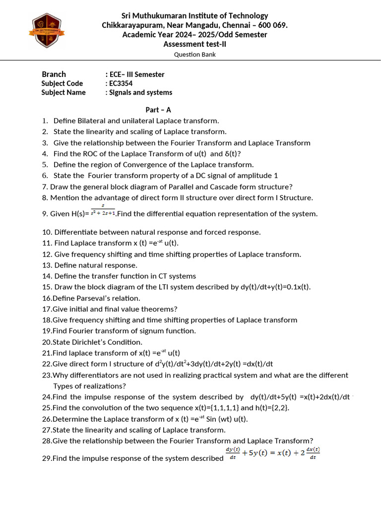 EC3354 Signals and Systems Question Bank | PDF | Laplace Transform ...