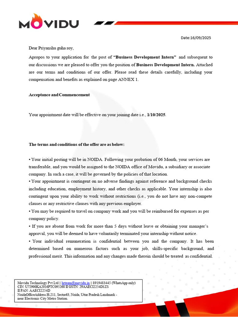 Movidu Internship Offer Details | PDF | Intellectual Property | Business