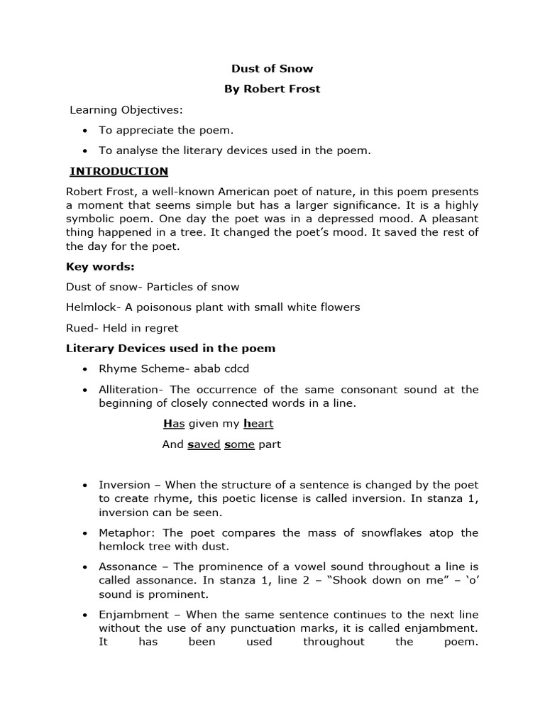 Dust of Snow - Notes | PDF | Poetry | Rhyme