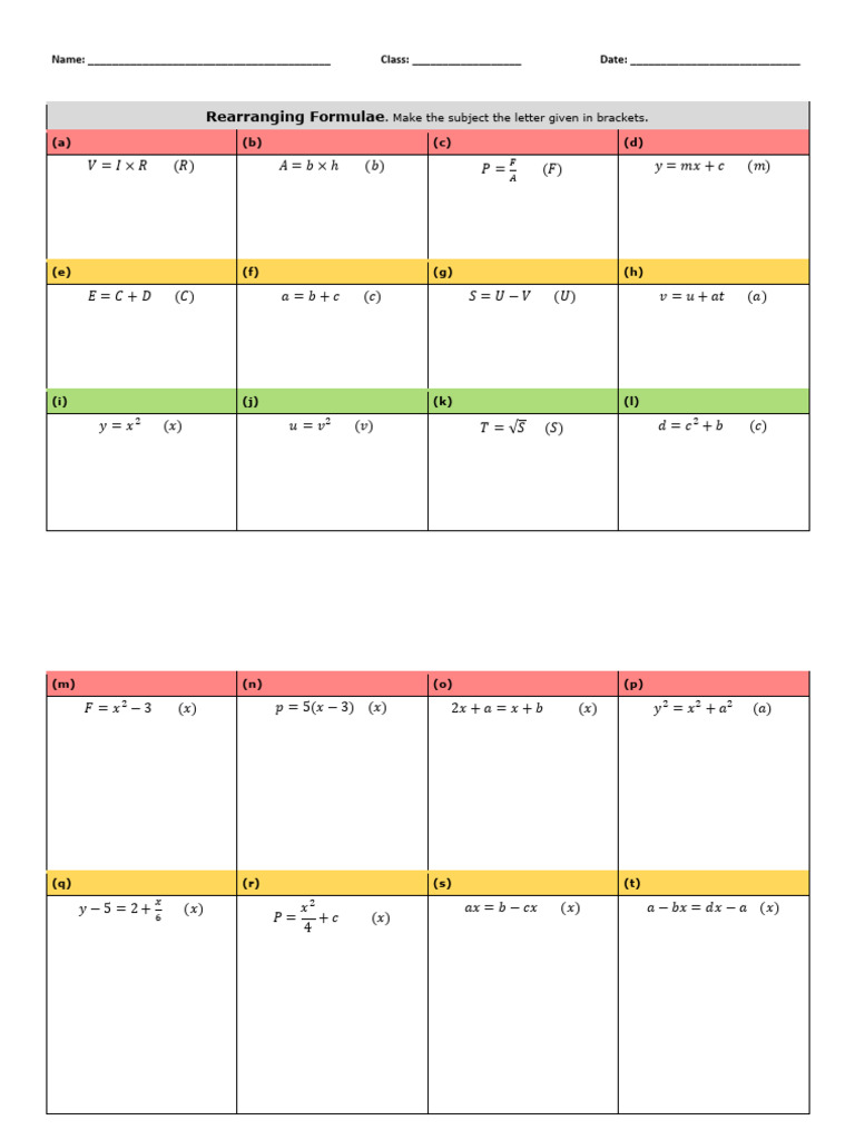 Rearranging Formulae Worksheet | PDF