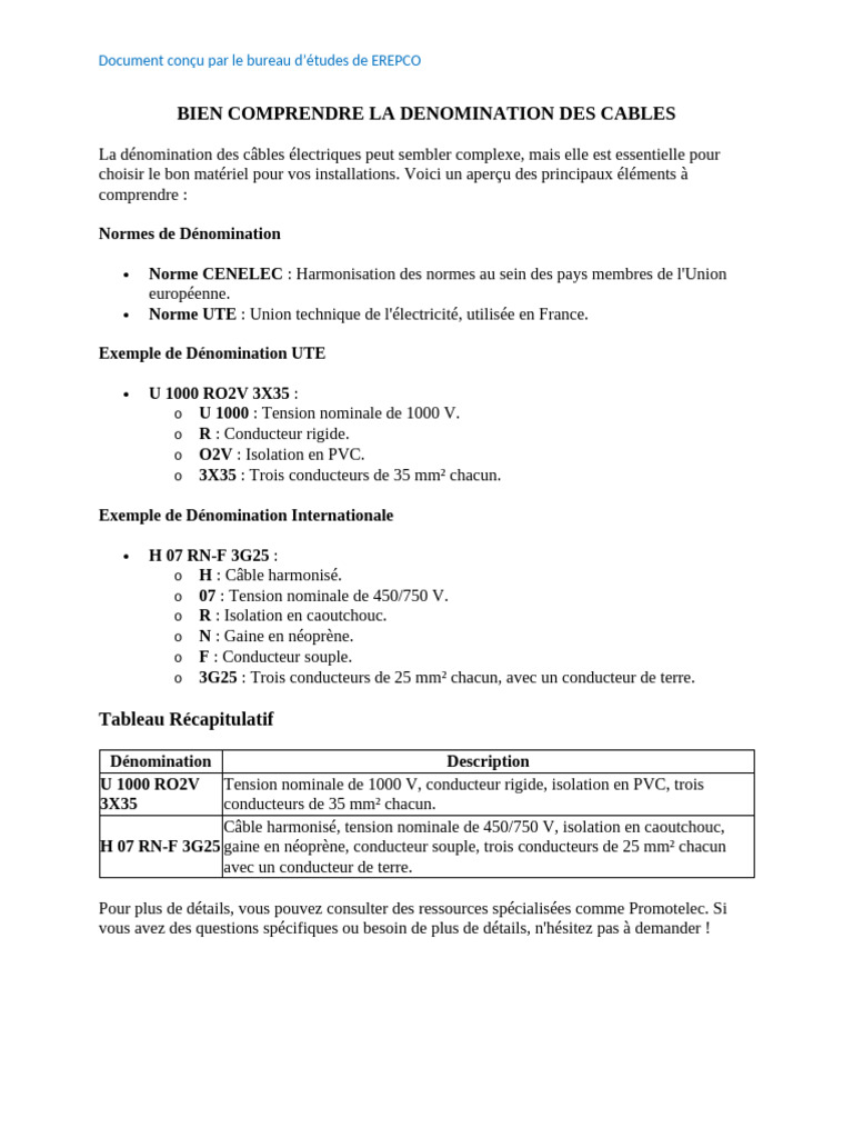 Guide sur la Dénomination des Câbles Électriques | PDF