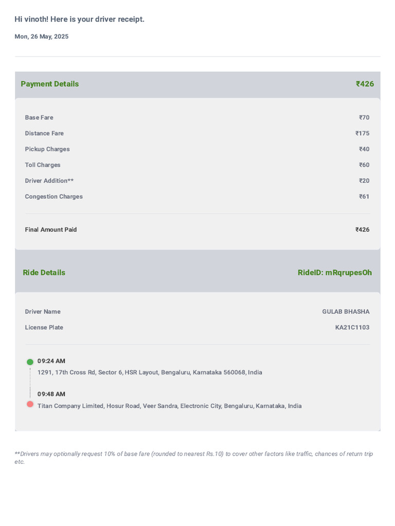 Driver Receipt for Ride on May 26, 2025 | PDF
