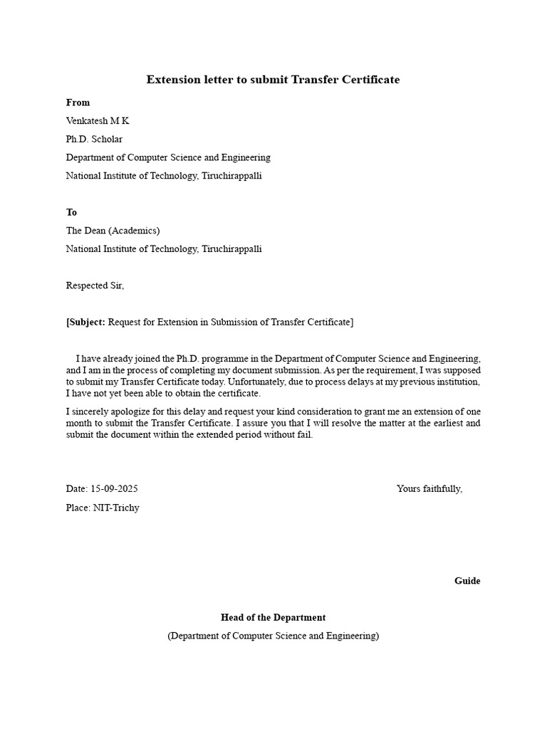 Request for Transfer Certificate Extension | PDF