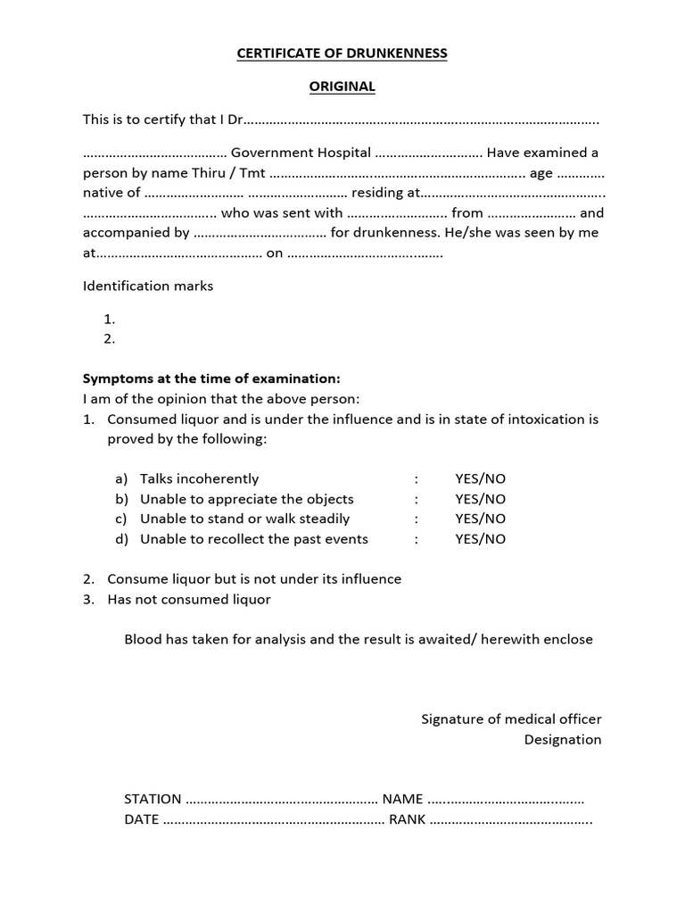 Alcohol Intoxication Examination Certificate | PDF
