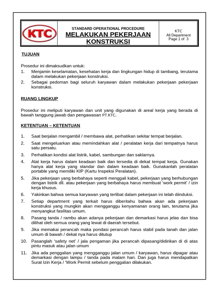 Prosedur Keselamatan Konstruksi KTC | PDF