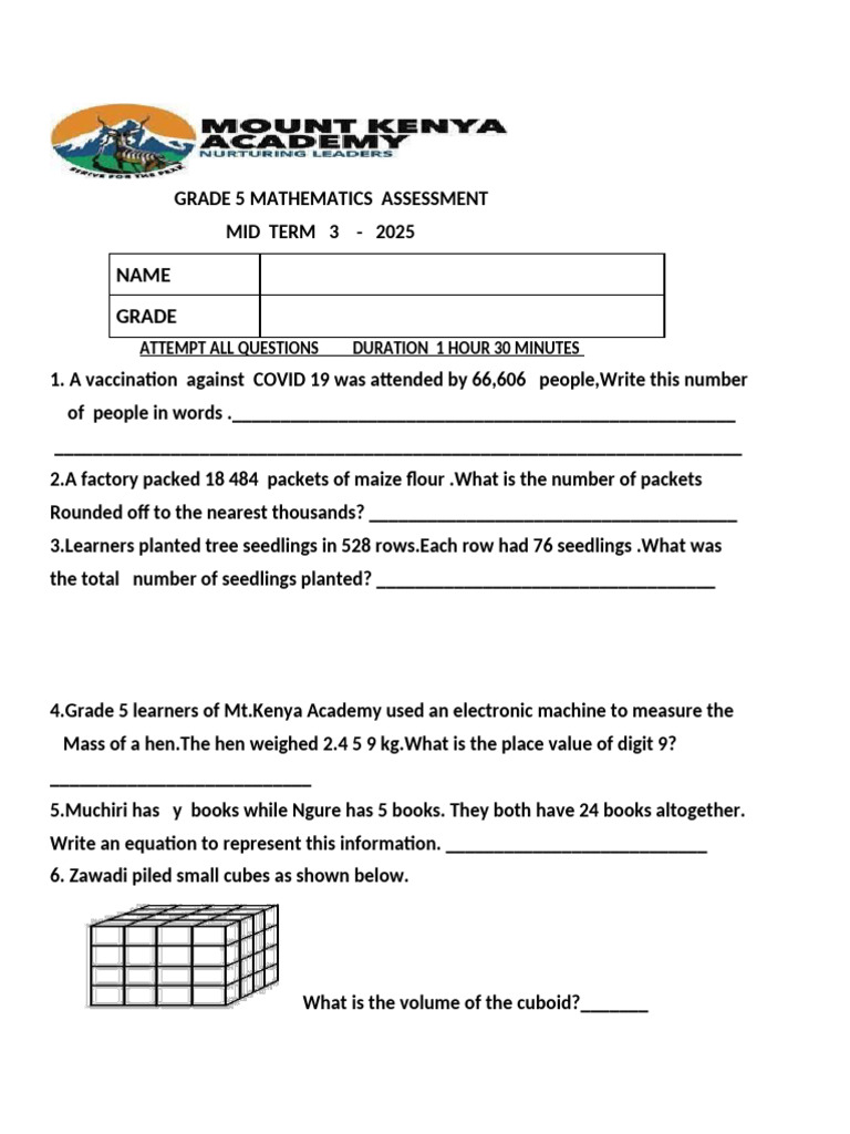 Grade 5 Term 3 Maths Assessment 2025 | PDF