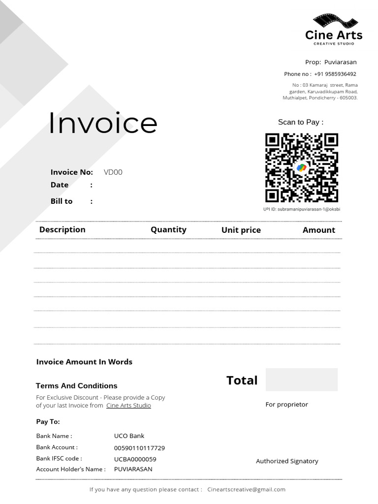 Invoice Template for Cine Arts Studio | PDF