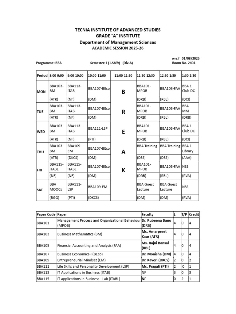 BBA Semester 1 Schedule 2025-26 | PDF | Teaching | Business