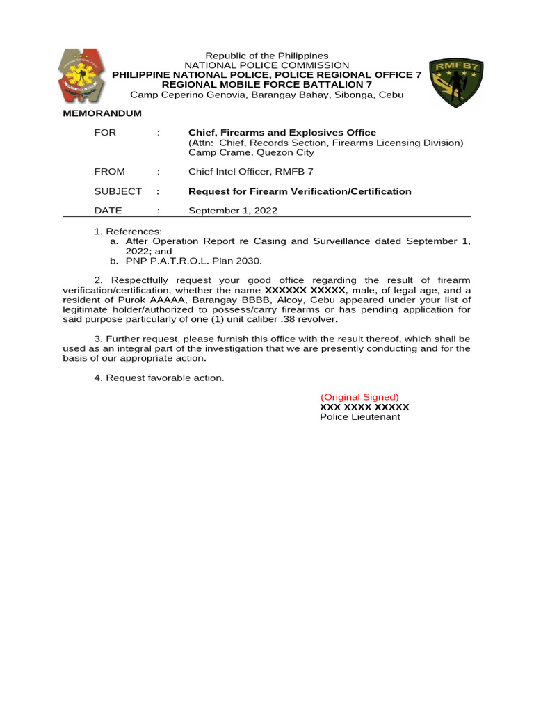 Firearm Verification Request Memorandum | PDF