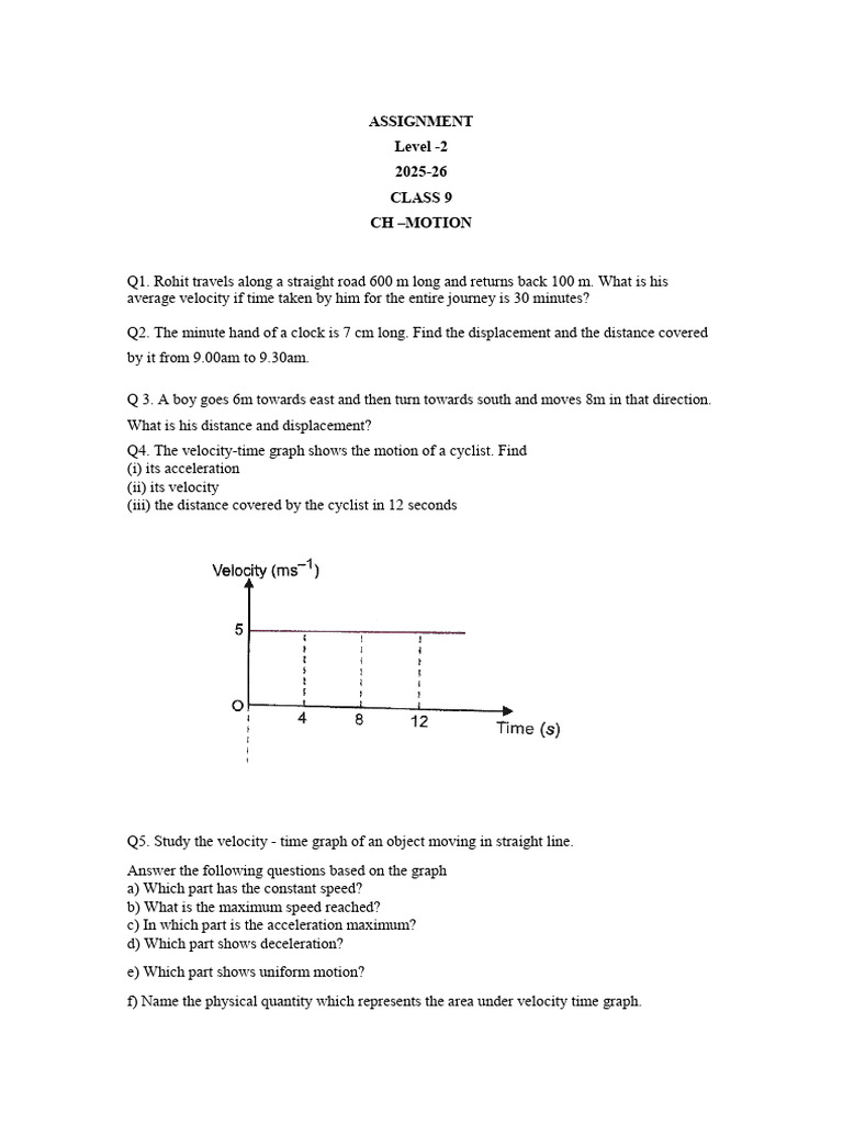 Class 9 Motion Assignment Questions | PDF | Acceleration | Velocity