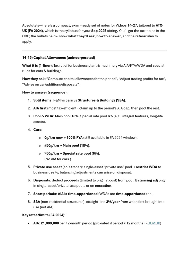 ATX-UK Exam Notes: Capital Allowances & CGT | PDF | Taxes | Capital Gain