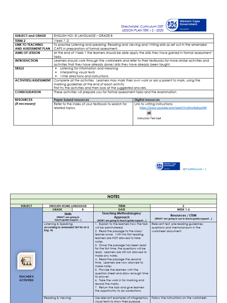 Grade 8 English Lesson Plan Term 2 | PDF | Adverb | Verb