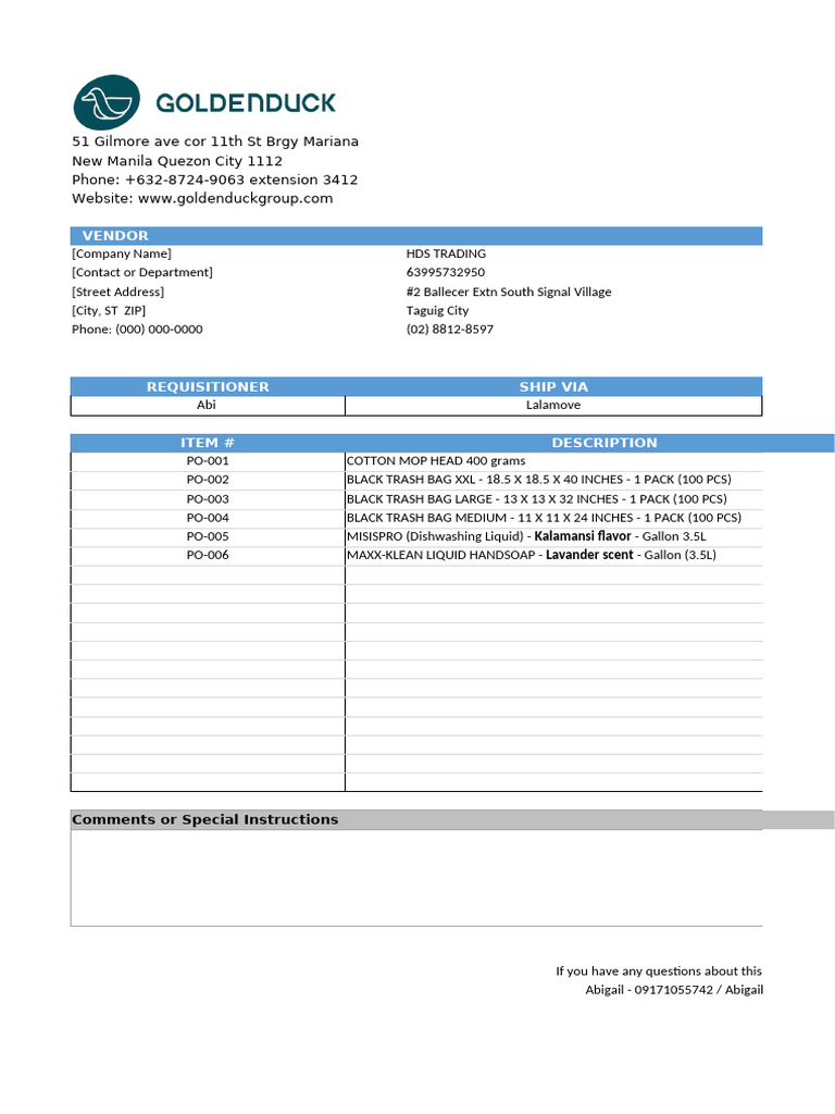 Purchase Order for Cleaning Supplies | PDF