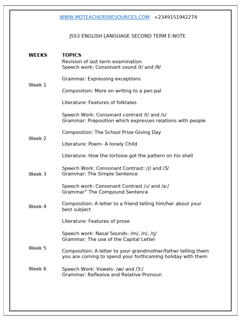JSS3 English Language E-Note Guide | PDF | Pronoun | Sentence (Linguistics)