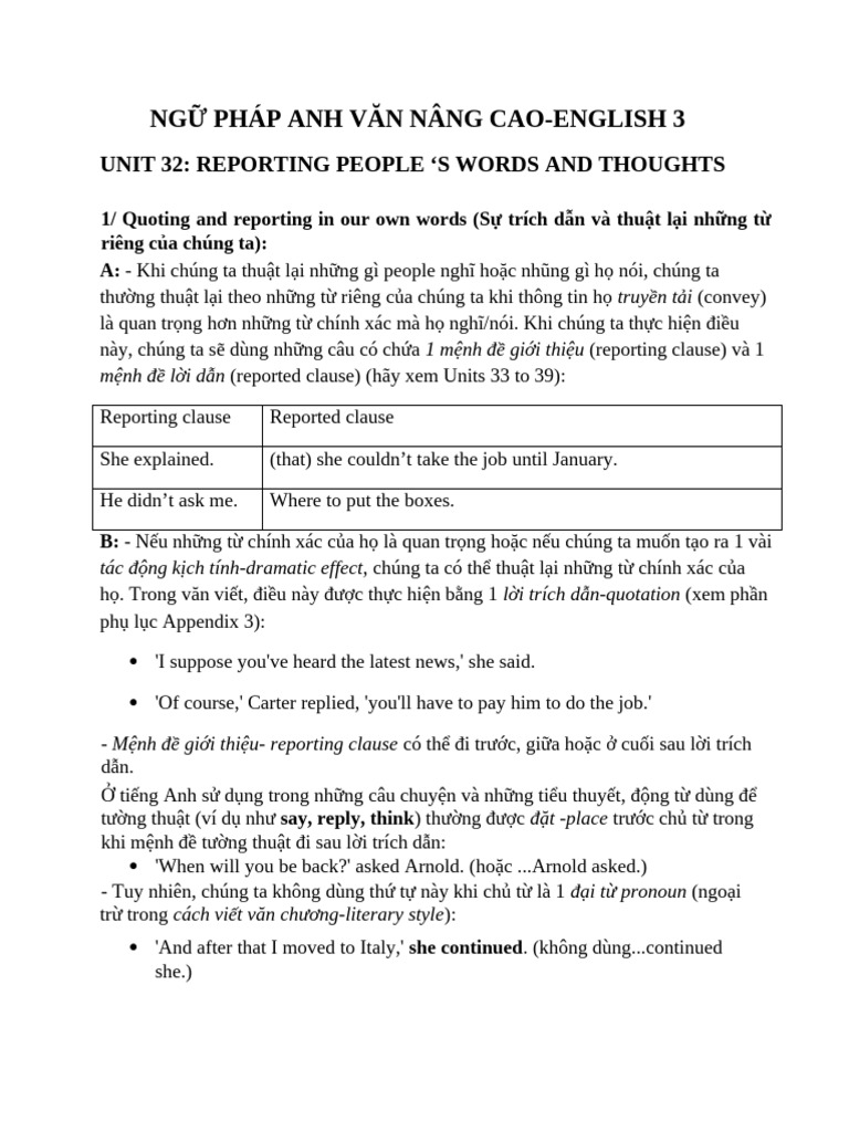 Unit 32-Reporting People Words and Thoughts-English in Use 3 | PDF
