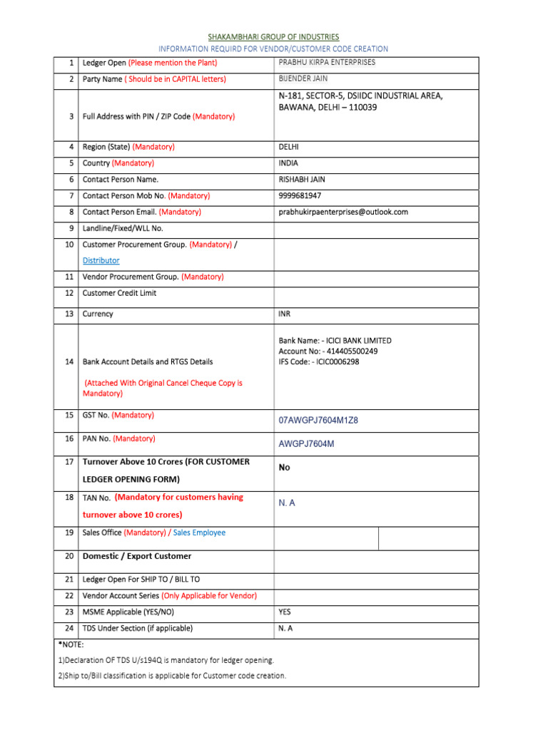 Vendor/Customer Code Creation Form | PDF | Payments | Economies