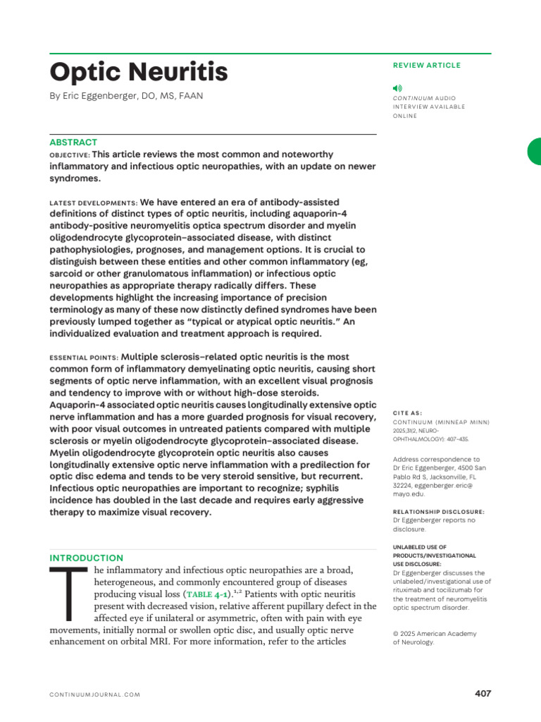 Understanding Optic Neuritis Types | PDF | Multiple Sclerosis | Medicine