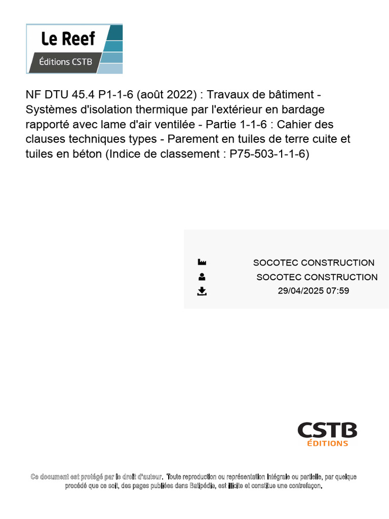 NF DTU 45.4 P1-1-6 : Isolation thermique extérieure | PDF | Code de la ...