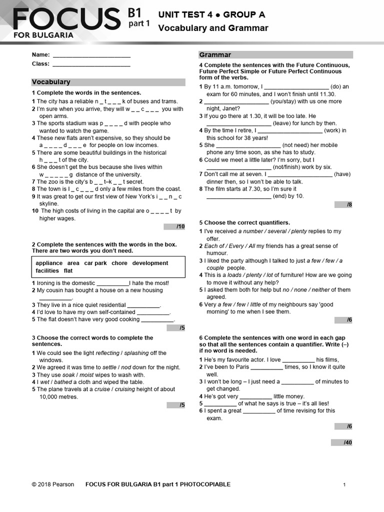 B1 Vocabulary and Grammar Test Unit 4 | PDF | Cost Of Living | Syntax