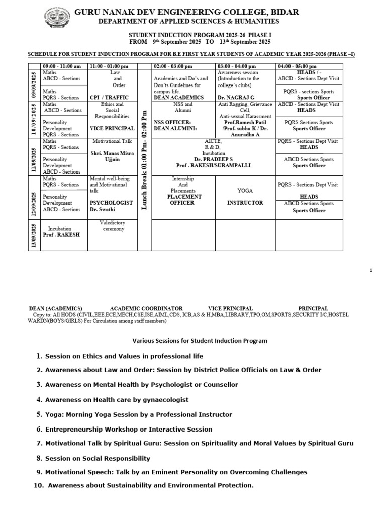 Student Induction Program 2025-26 Schedule | PDF | Chess Theory | Chess