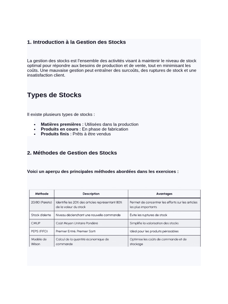 Gestion des Stocks : Méthodes et Exercices | PDF