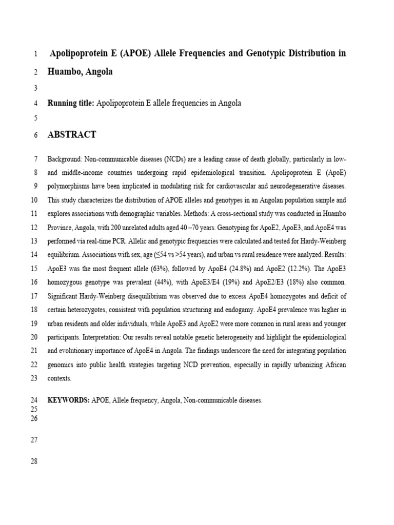 Apolipoprotein E (APOE) Allele Frequencies and Genotypic Distribution ...