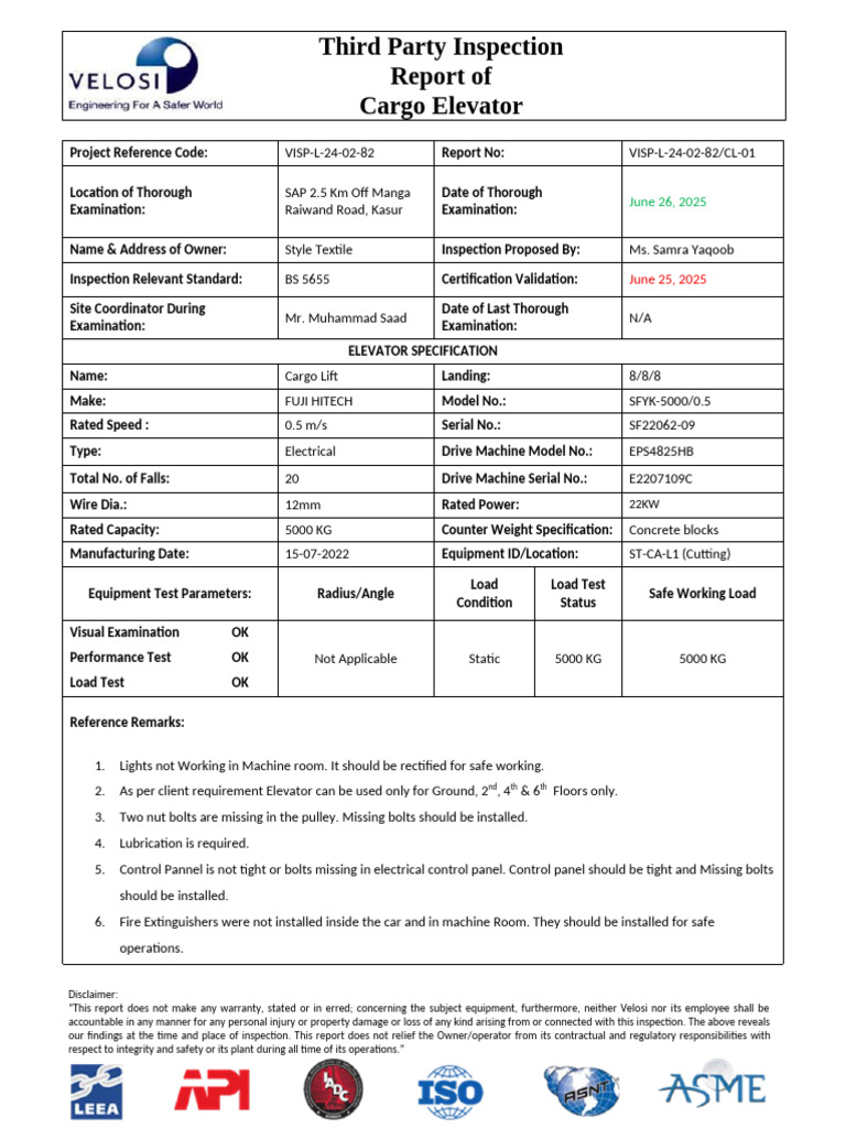 Cargo Elevator Inspection Report | PDF | Elevator | Door